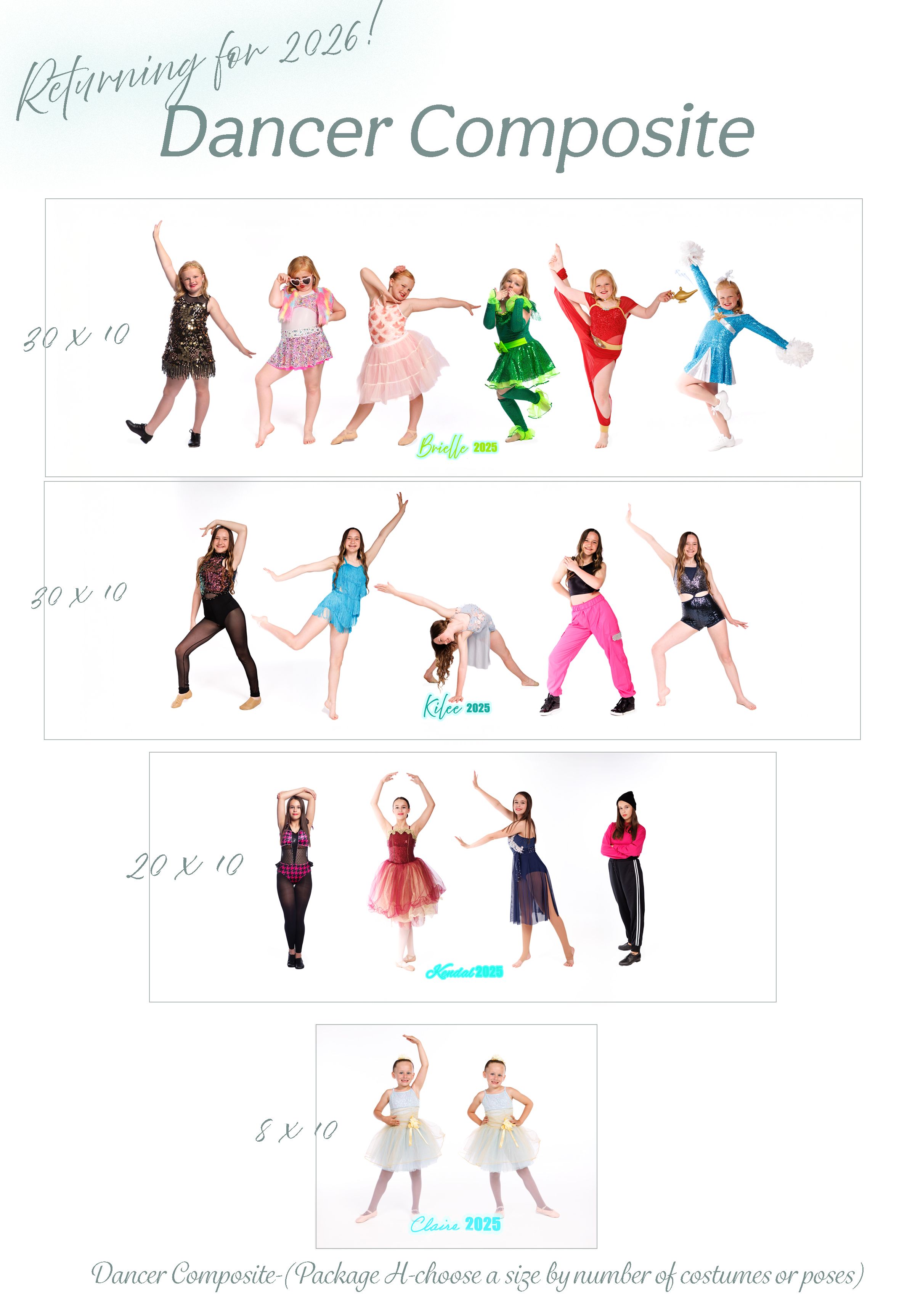 Dance photo composite layout showing various poses and styles across multiple rows.