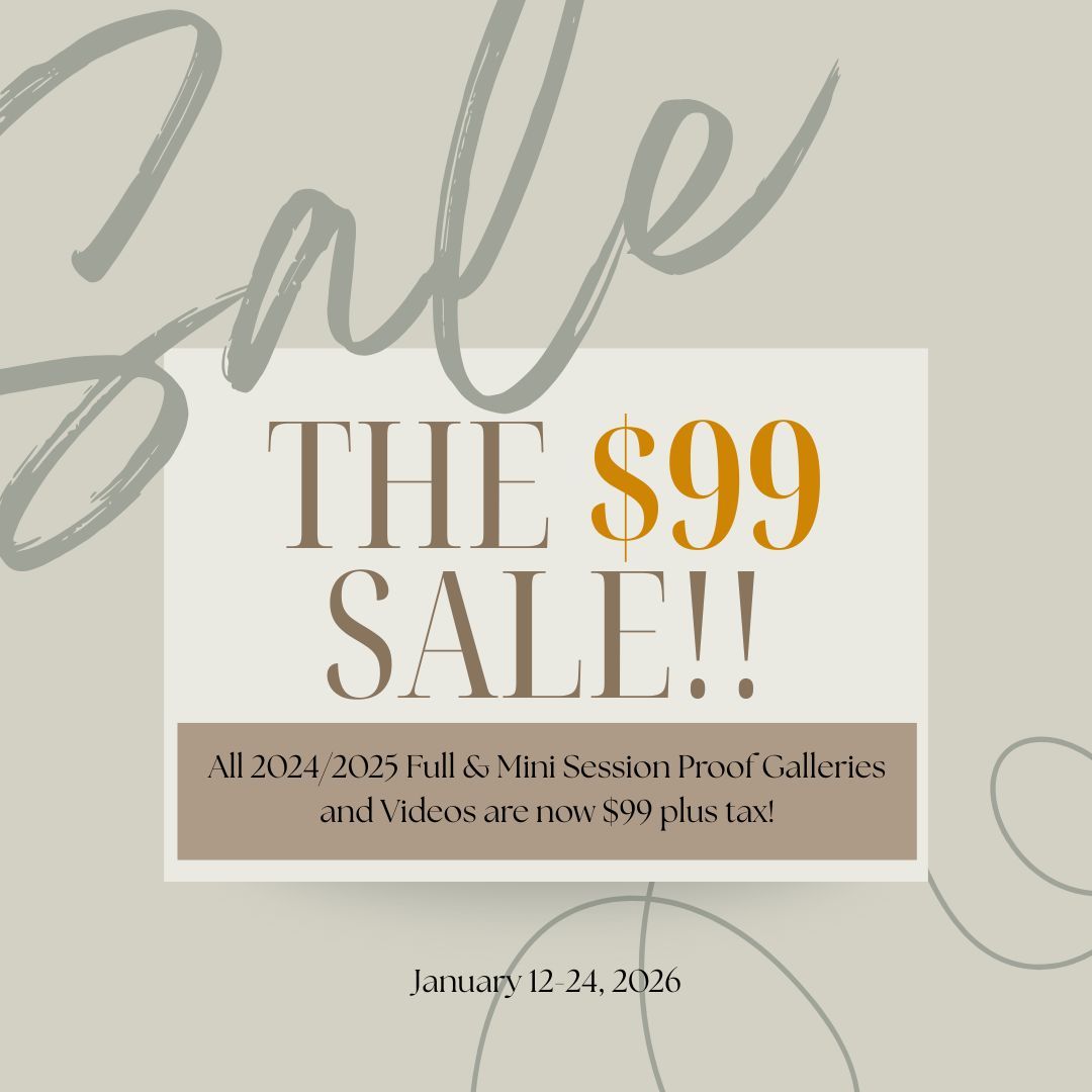 Elegant beige and gold text design showing 'THE $99' and 'THE $9.99' with sale announcement text.