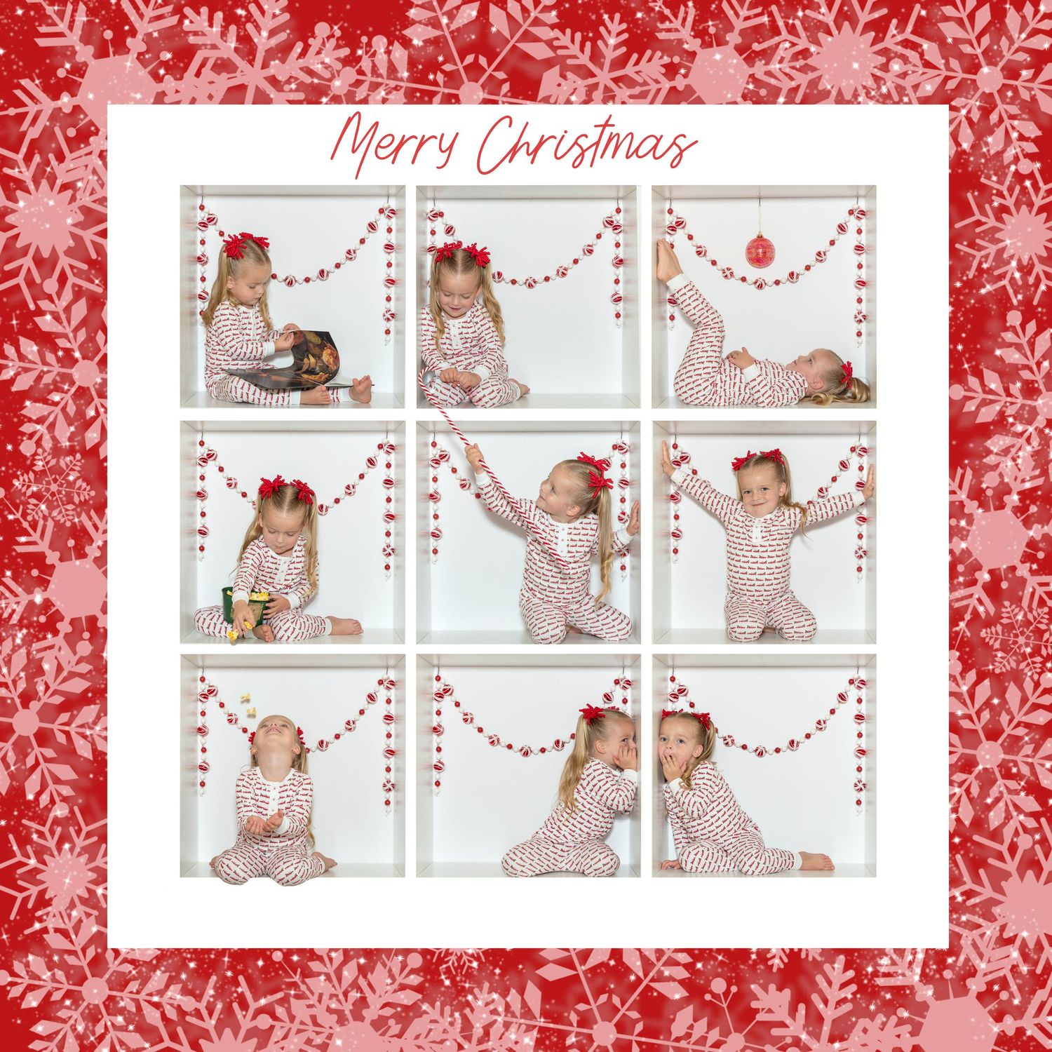Nine-frame holiday photo grid with heart garland details on red snowflake patterned background.
