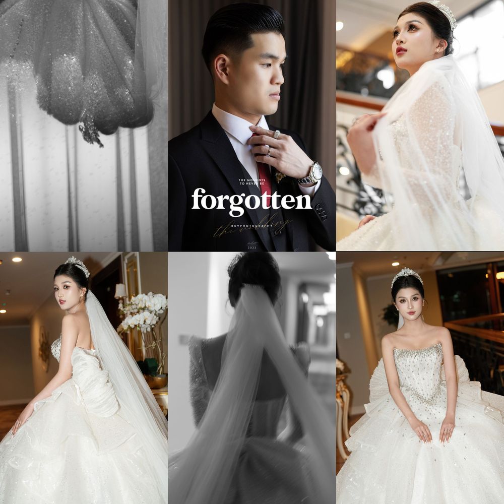 Wedding photo collage featuring formal attire and bridal gowns in black and white tones.