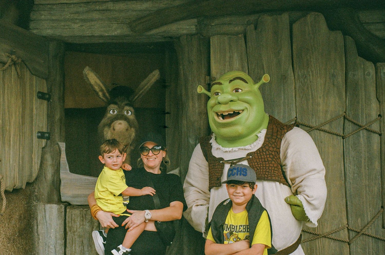 Theme park character meet-and-greet with Shrek and Donkey from the animated film.