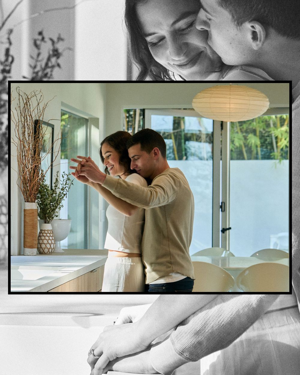 A couple shares an intimate moment while dancing together in a modern living room with natural light.