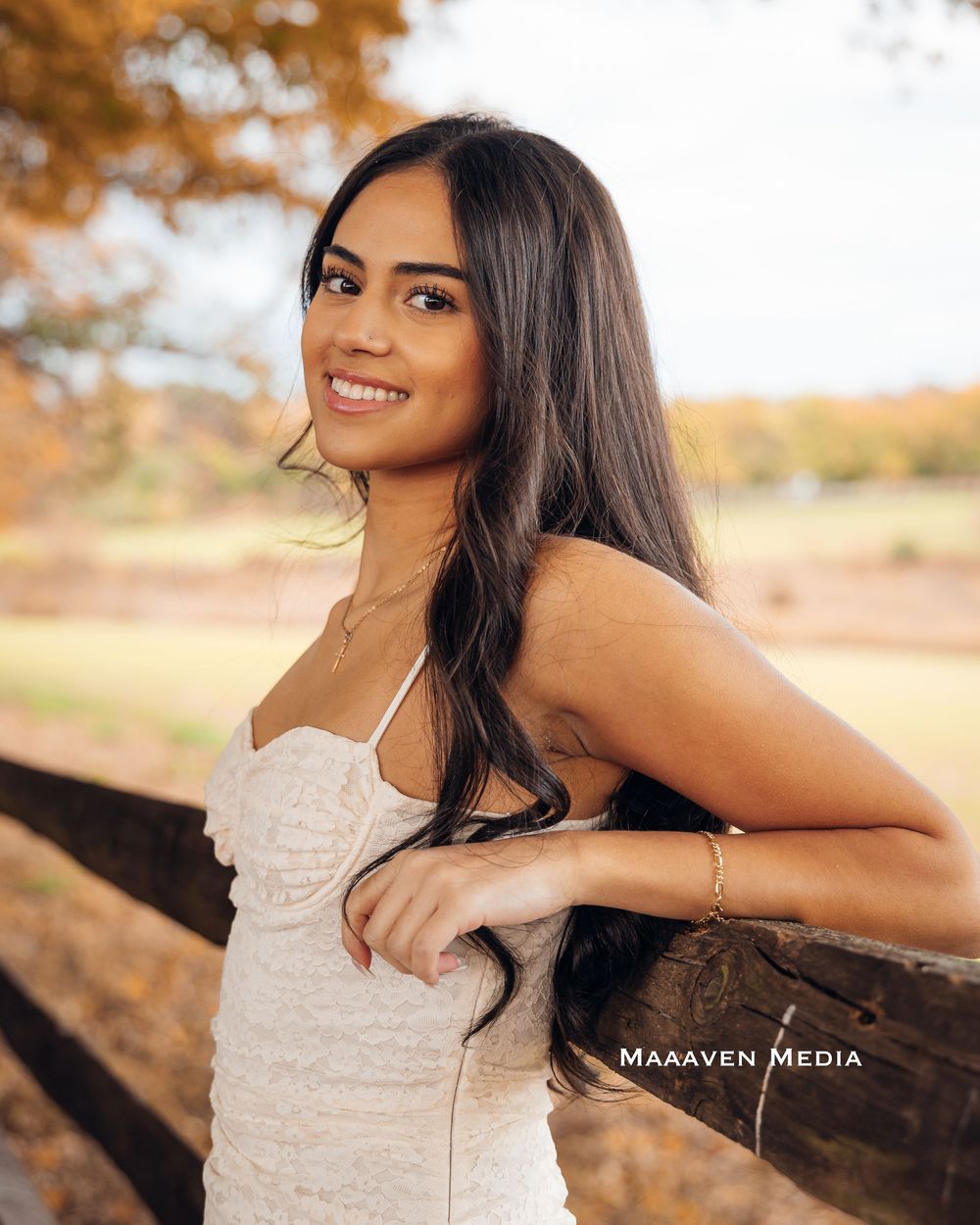 A series of outdoor portrait photos showing someone in a white dress against a warm autumn background.
