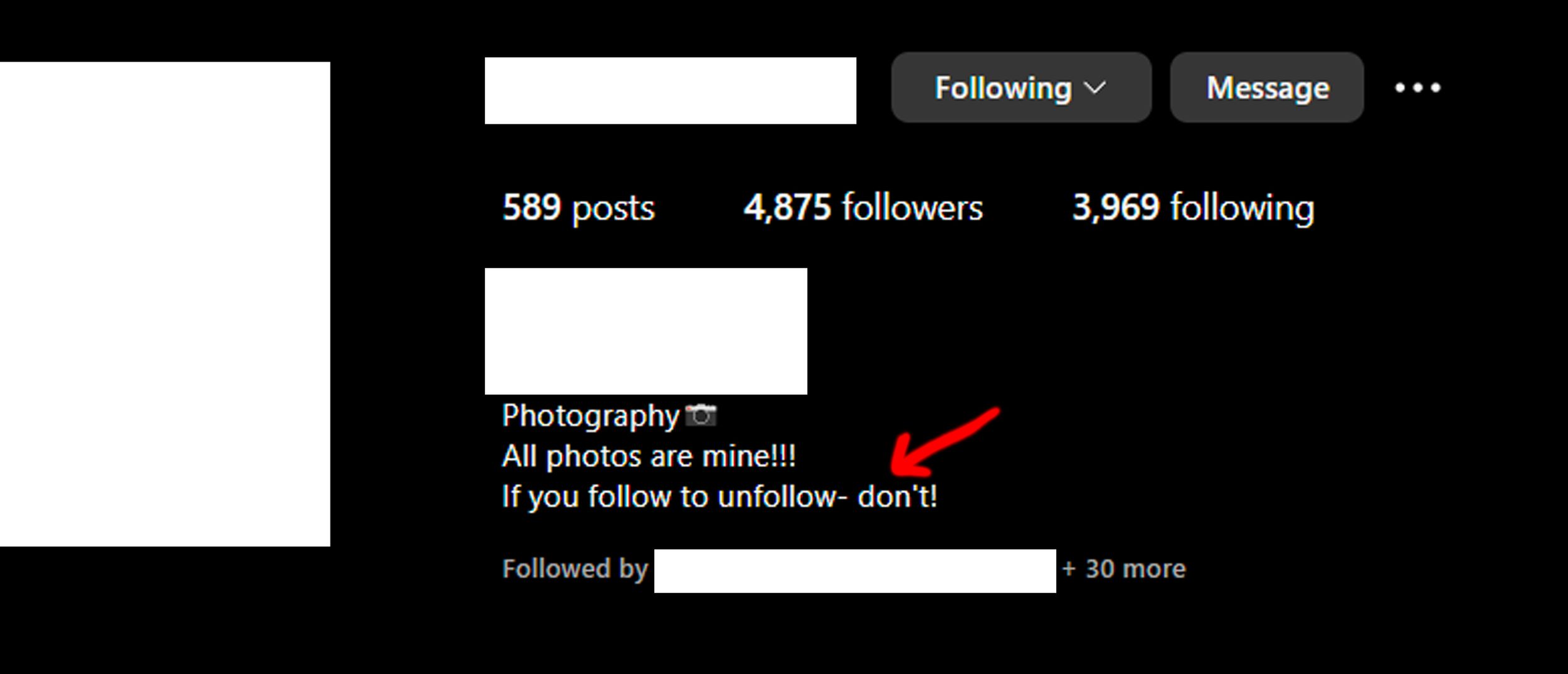Dark theme social media profile stats showing post count and follower numbers.