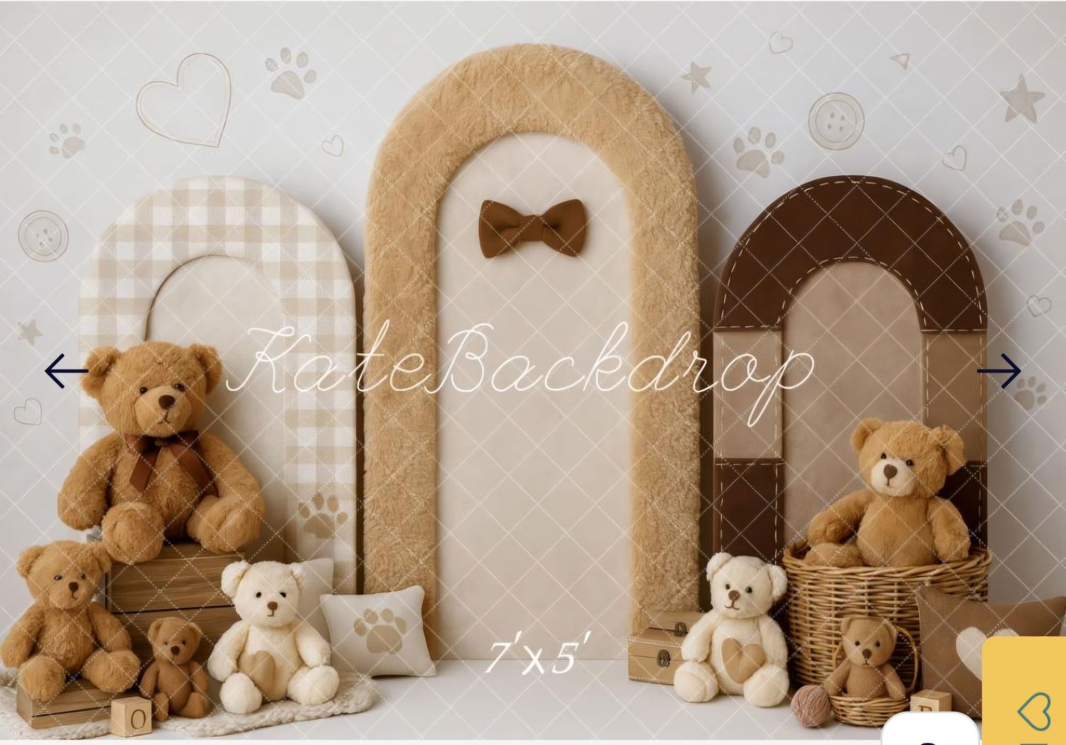 A charming teddy bear themed photo backdrop featuring plush bears, wicker baskets, and decorative arches in warm brown tones.