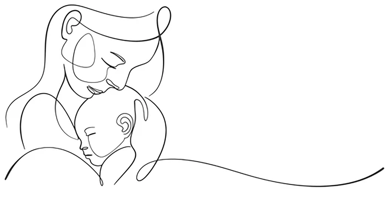 Minimalist one-line drawing of a mother tenderly cradling her newborn baby in a continuous black outline art style.