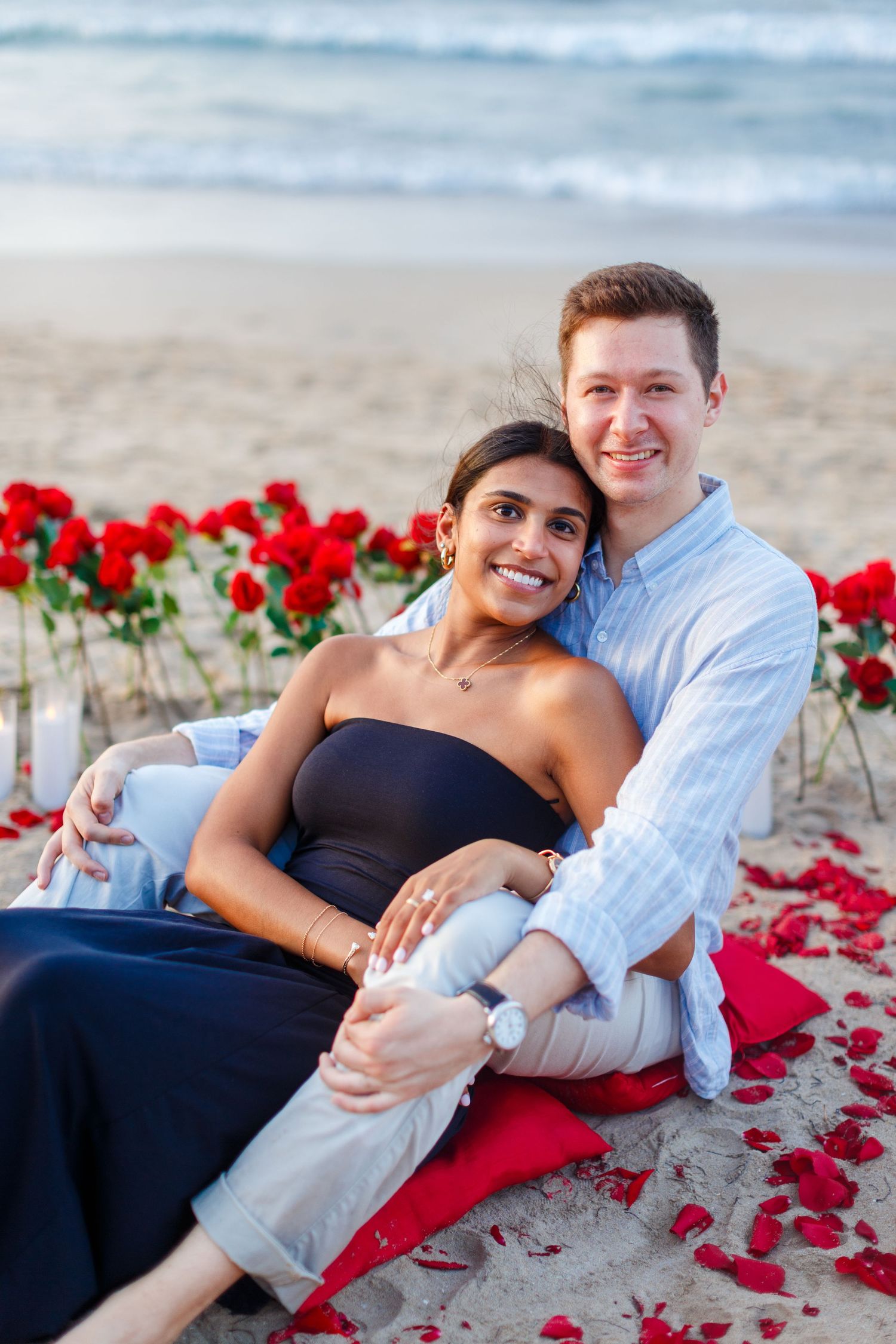 Couples portrait. Marriage proposal on the beach in Isla Verde, Carolina, Puerto Rico.