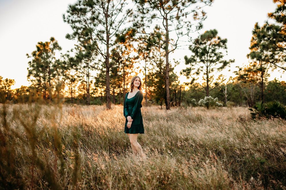 A person stands in golden field of tall grass at sunset with tall pine trees silhouetted in the background.