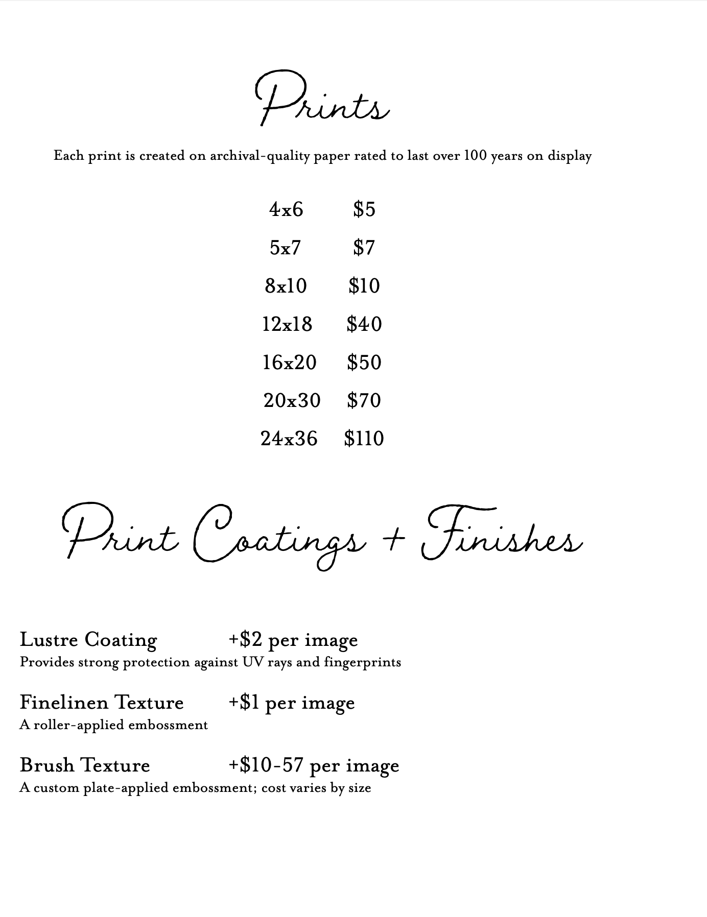 A pricing menu for photo prints and print coatings showing various sizes and finishing options with elegant script typography.