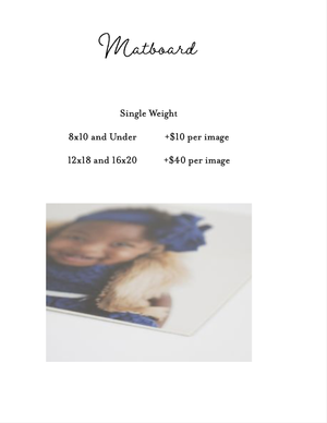 Comparison of matboard photo print mounting options showing different sizes and pricing details for framing services.