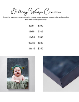 Price list for gallery wrap canvas prints with sizes and close-up view of navy blue canvas edge wrapping.