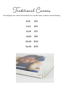 Printed traditional canvas size chart showing dimensions and prices for art framed prints.