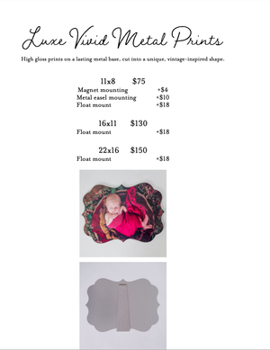 An advertisement for luxe metal prints showing three elegant silver decorative wall frames with a pink accent color.