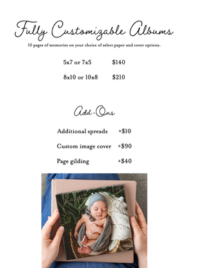 Pricing menu showing customizable photo album options with add-ons like page gilding and custom covers.
