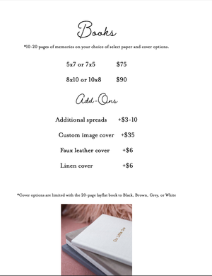 Product catalog page displaying book customization options with pricing for covers and additional spreads.