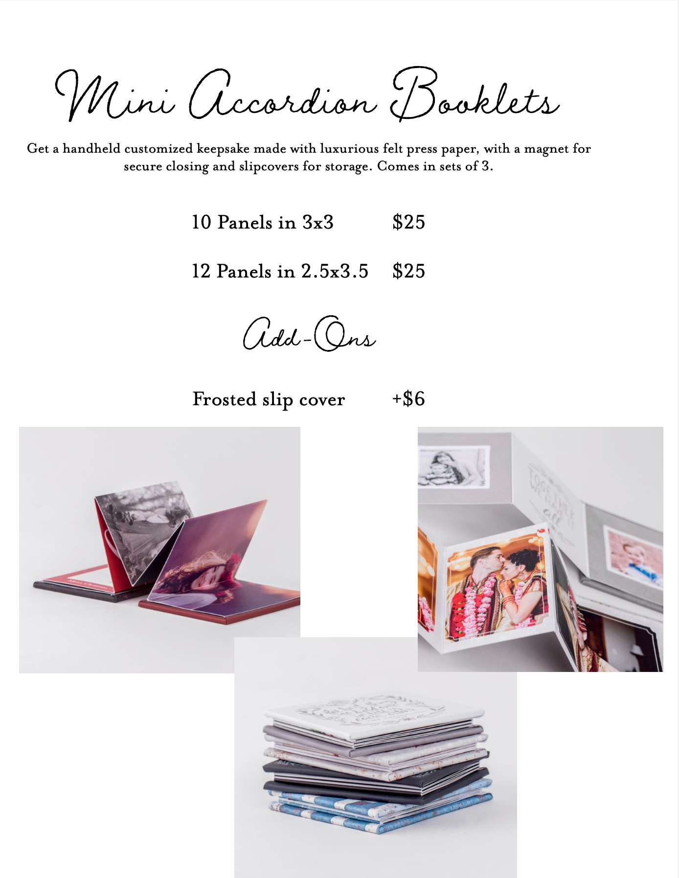 Stack of mini accordion style photo booklets with frosted slip covers displayed in various angles and arrangements.