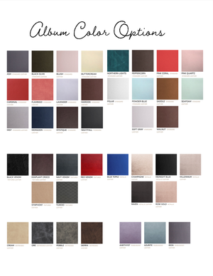 A collection of color swatches showing various album cover material options in muted earth tones and pastels.