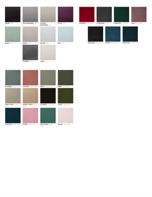 A color palette featuring various swatches of muted shades including grays, teals, burgundy, navy, and forest green tones.