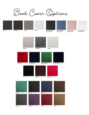 Collection of fabric swatches showing book cover material options in various colors and textures.