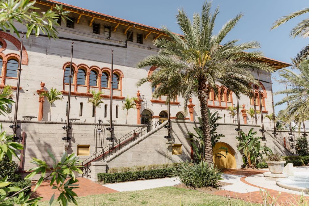 Mediterranean-style architecture with palm trees and arched windows along a sun-lit building.
