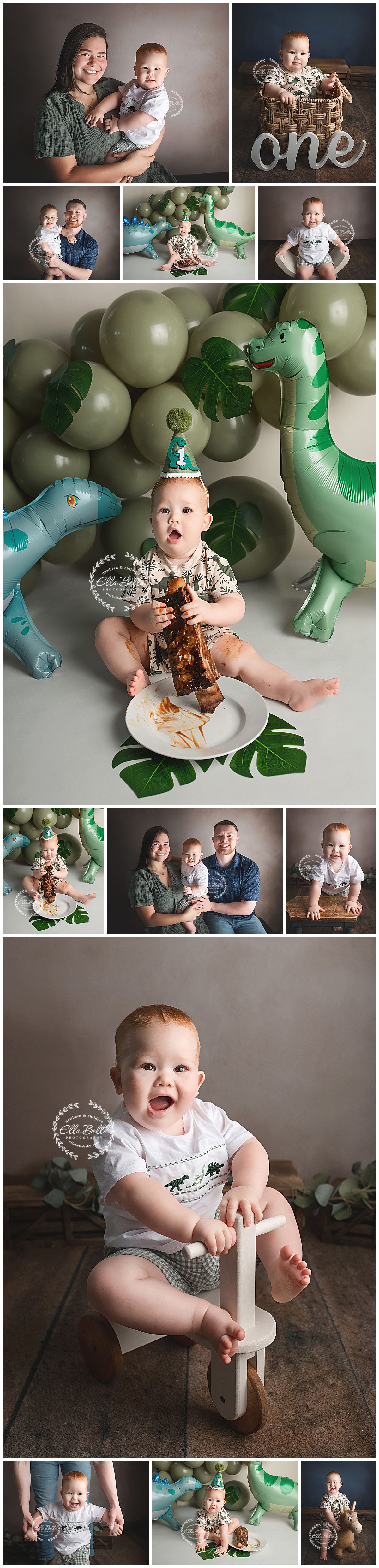 First birthday photo collage featuring cake smash, dinosaur decorations, and green balloon arch in a cohesive mint theme.