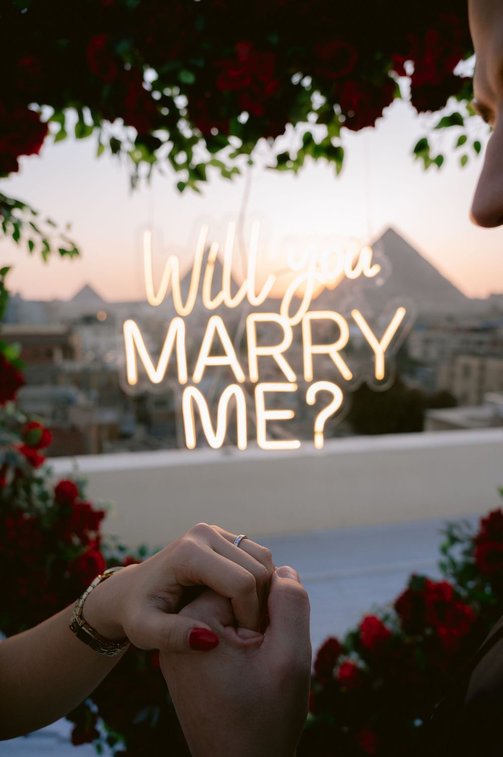 Glowing neon sign spelling out 'Will you marry me?' arranged in a romantic outdoor proposal setup at sunset.