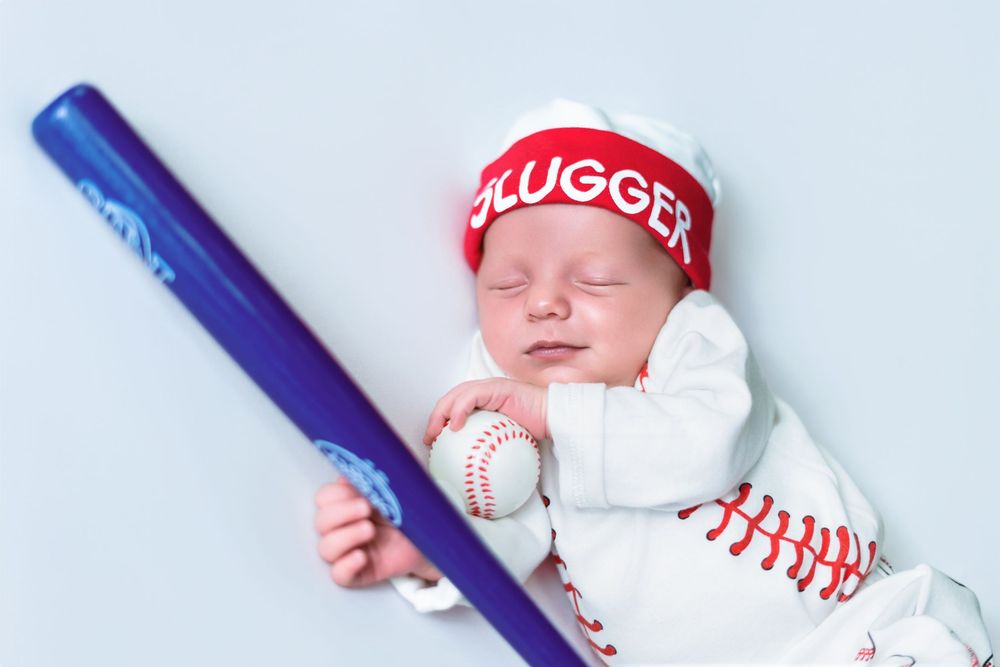 Baseball themed newborn photo with blue bat prop and red cap on white background.