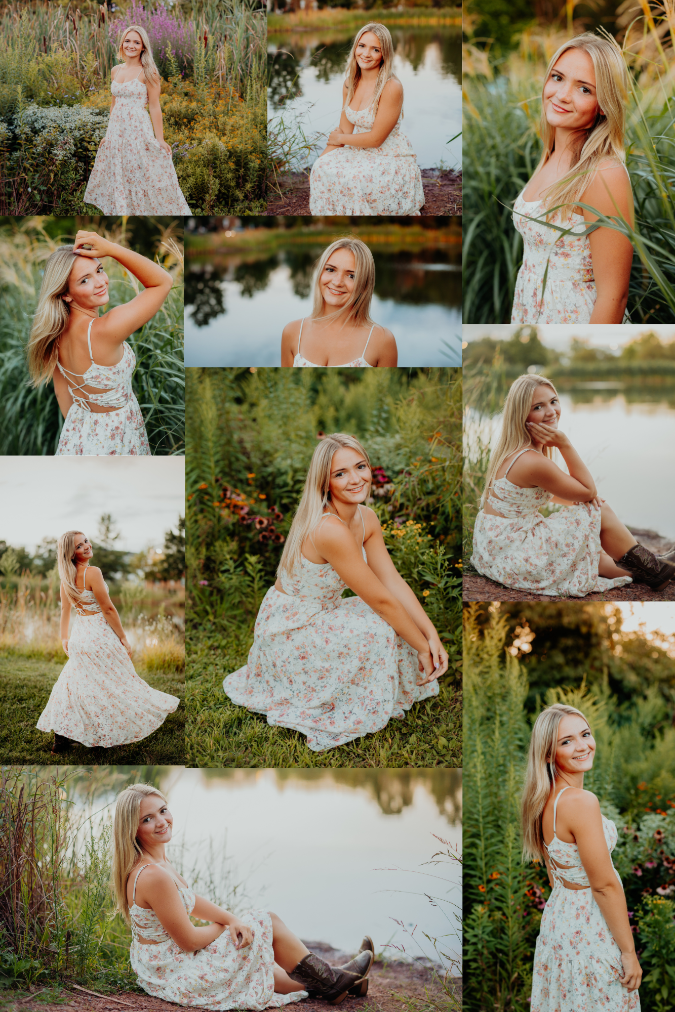 A summer portrait session features a white floral dress against a lush garden backdrop near a serene pond.