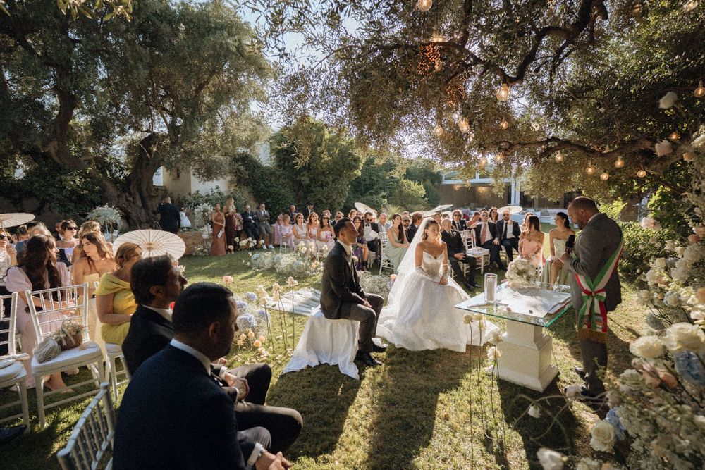 A series of outdoor wedding ceremony images showing guests gathered under trees during a serene garden celebration.