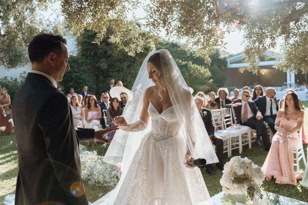 Wedding ceremony moments captured in a sequence of outdoor photos showing celebration and love between newlyweds.