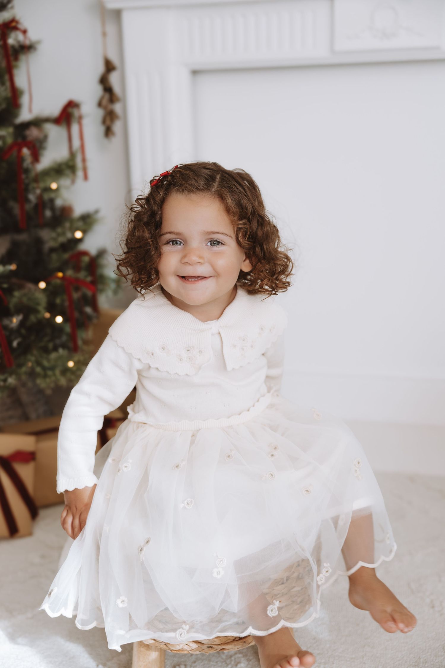 Decor styled images show a Christmas tree and rustic firewood set against white walls in a minimalist holiday scene.
