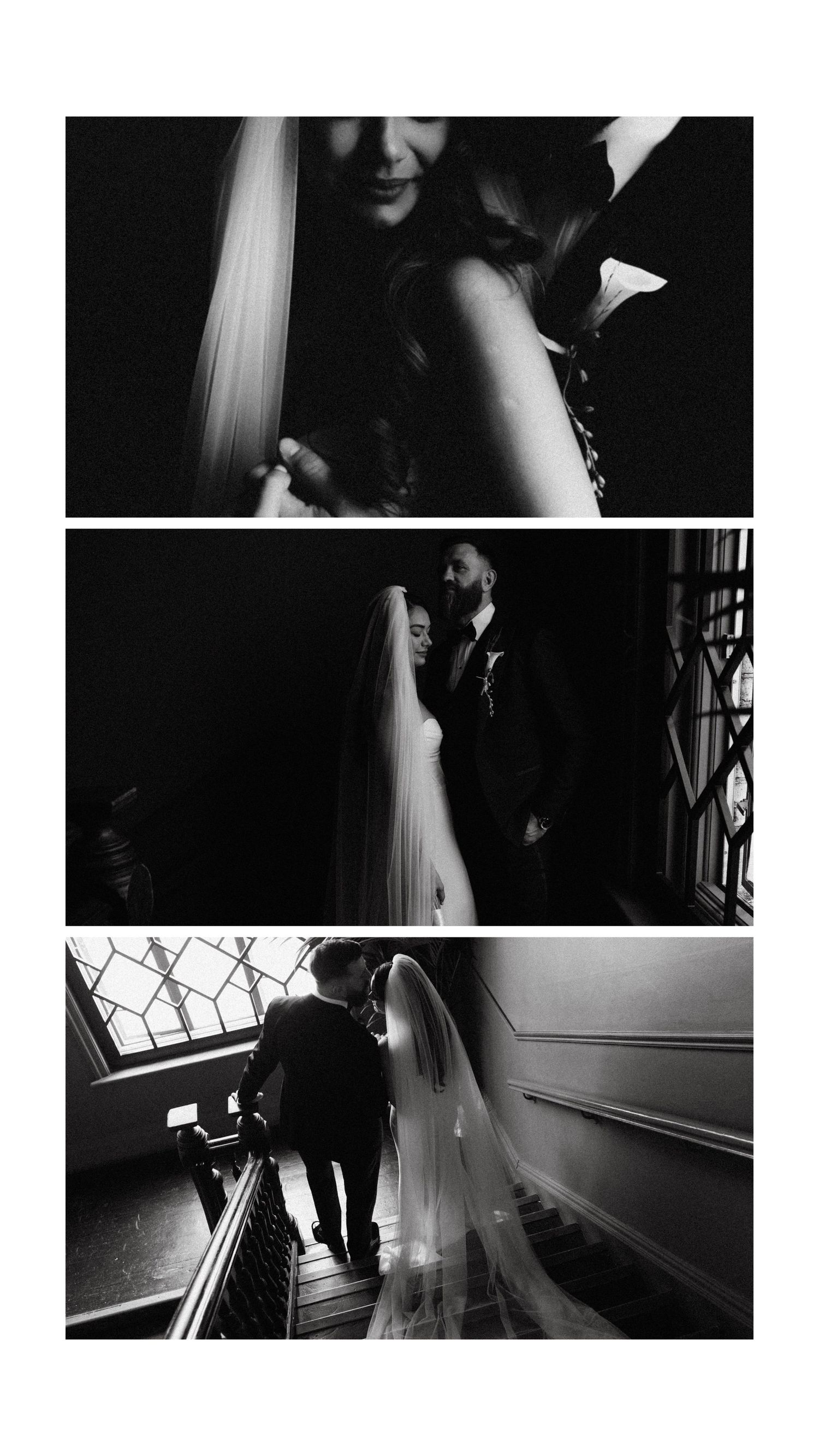 A dramatic triptych of wedding photographs in black and white showing intimate moments between a couple and flowing veil details.