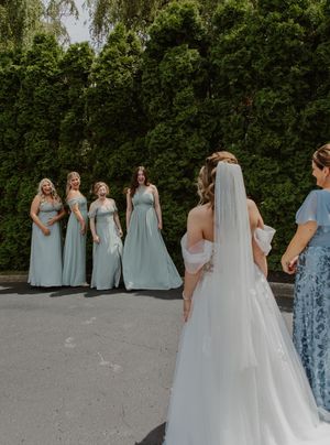 Wedding party in light blue bridesmaid dresses posing together outdoors on a sunny day.