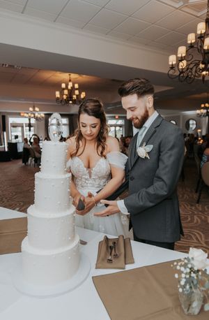Wedding couple cuts into their elegant white tiered cake during reception celebrations.