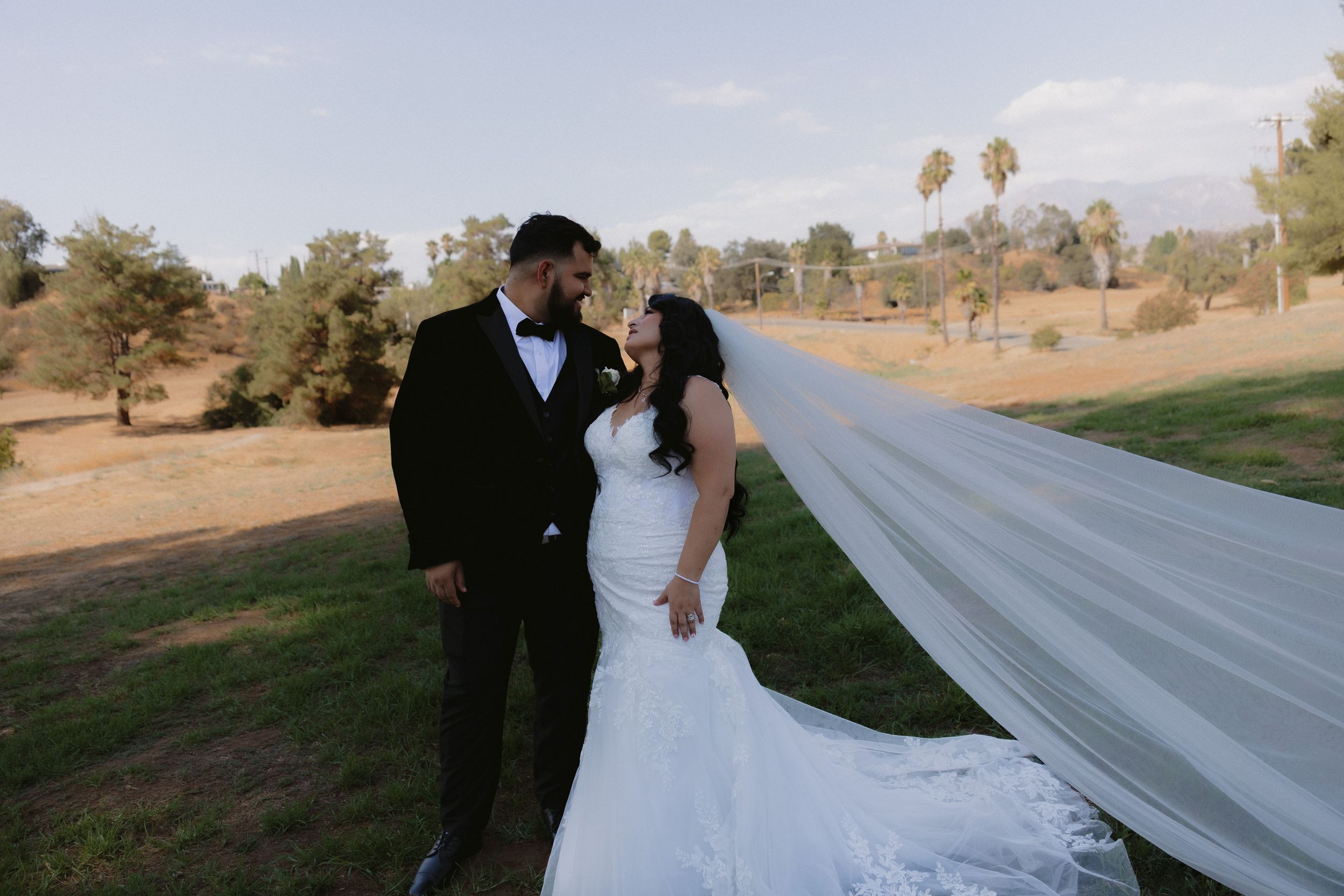 A couple shares a romantic moment with a flowing veil in a scenic desert landscape at sunset.