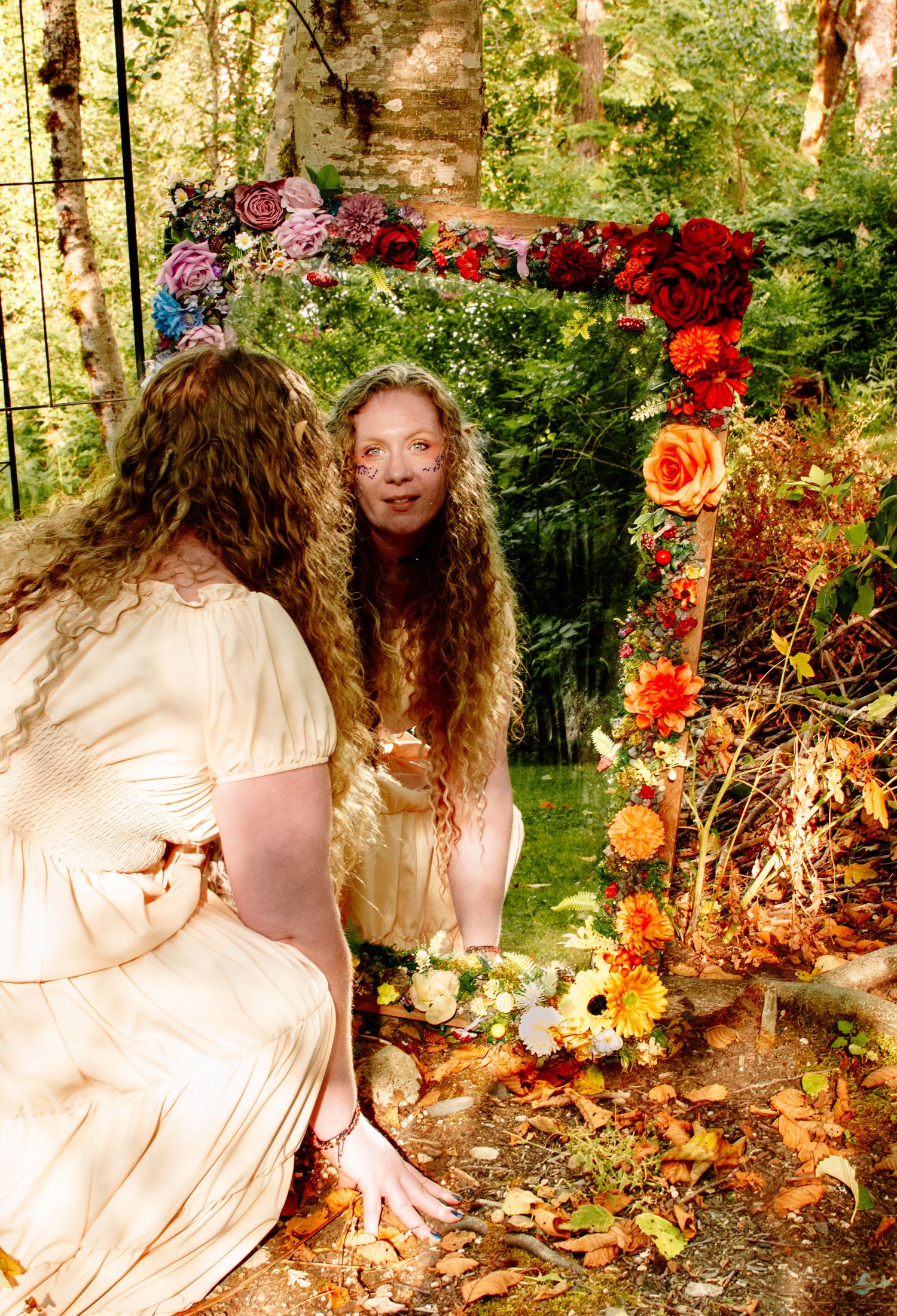 Dreamy styled collaboration portrait at The Pole Garden Monroe WA with handmade mirror art.