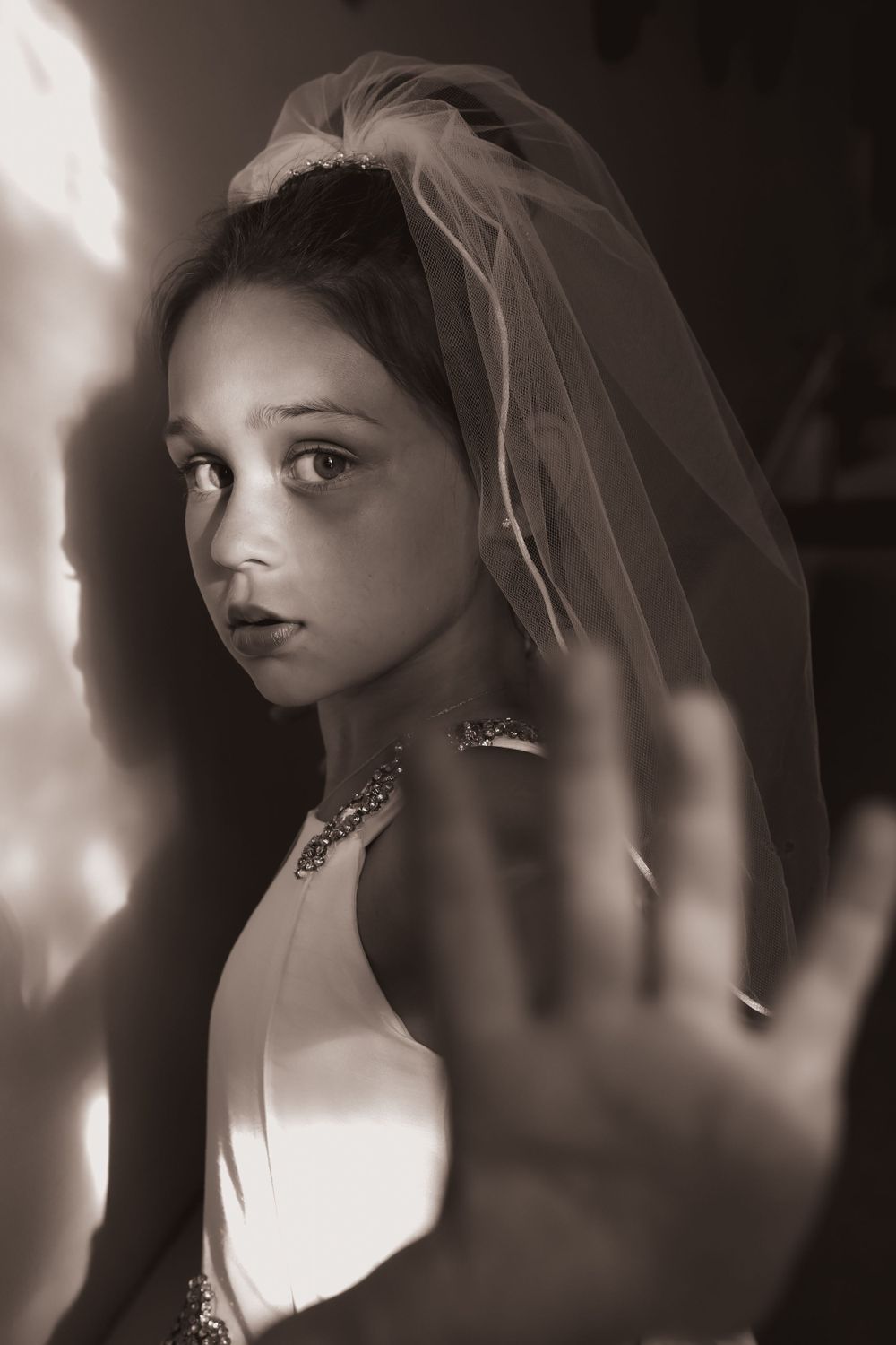 Artistic black and white portrait shots through a wedding veil.