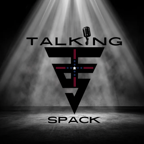 A minimalist logo design for 'Talking Spack' featuring a microphone icon in dramatic lighting.