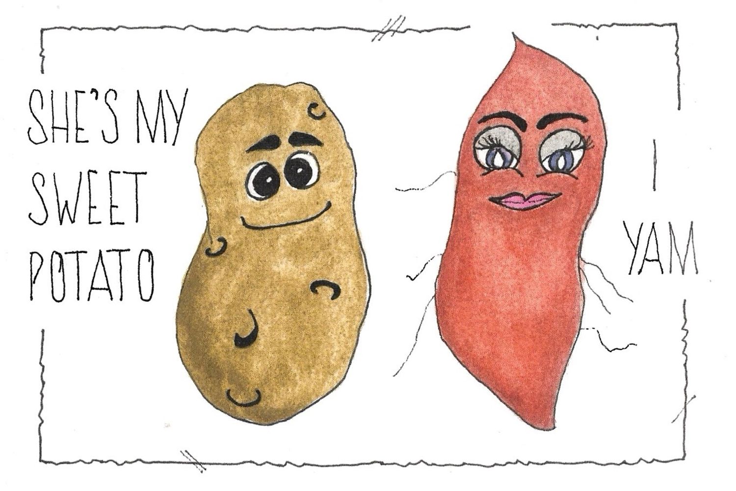 Two cartoon characters - a potato and red pepper - with text about being sweet.