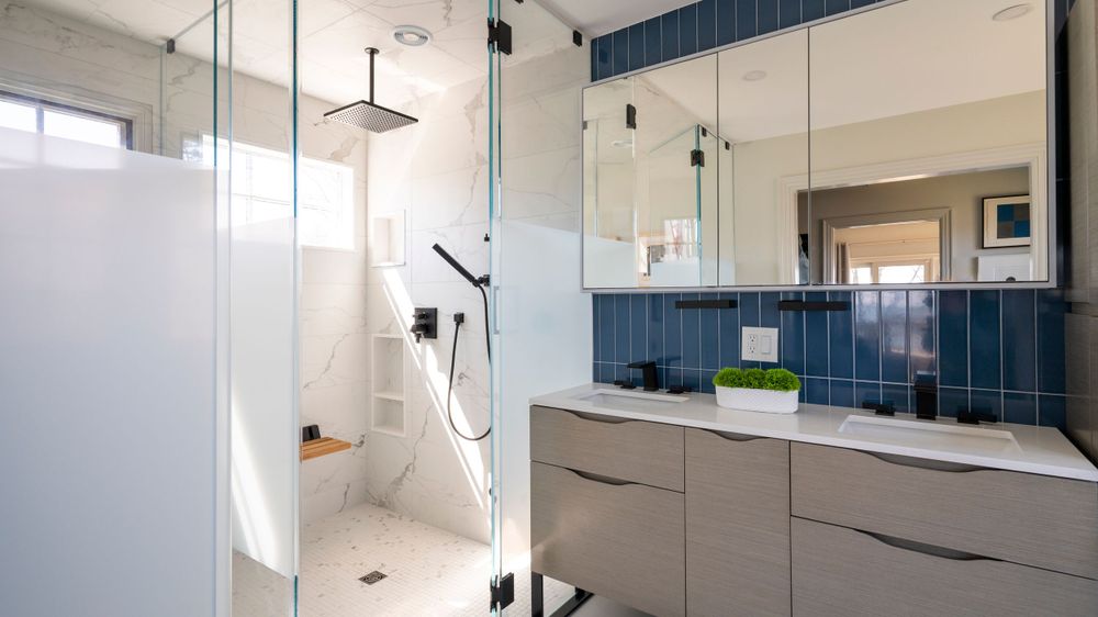coastal bathroom blue tan and white walk in shower