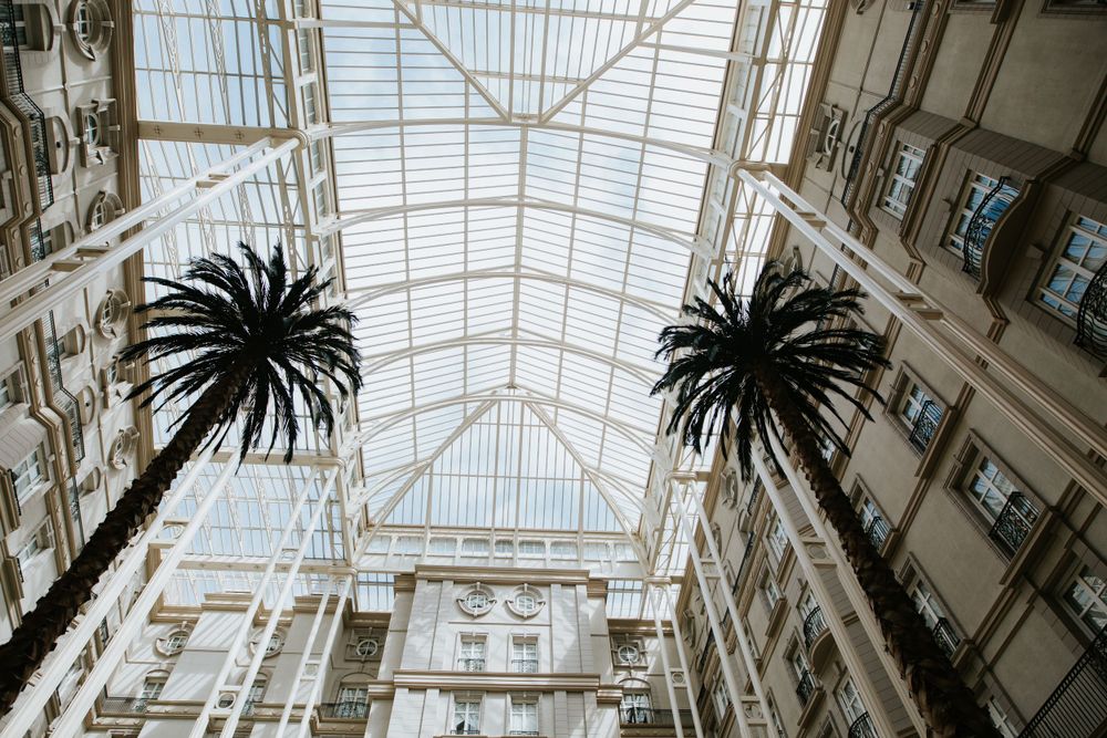 Upward view of two palm trees under a glass atrium ceiling in an elegant historic building interior. The landmark London wedding