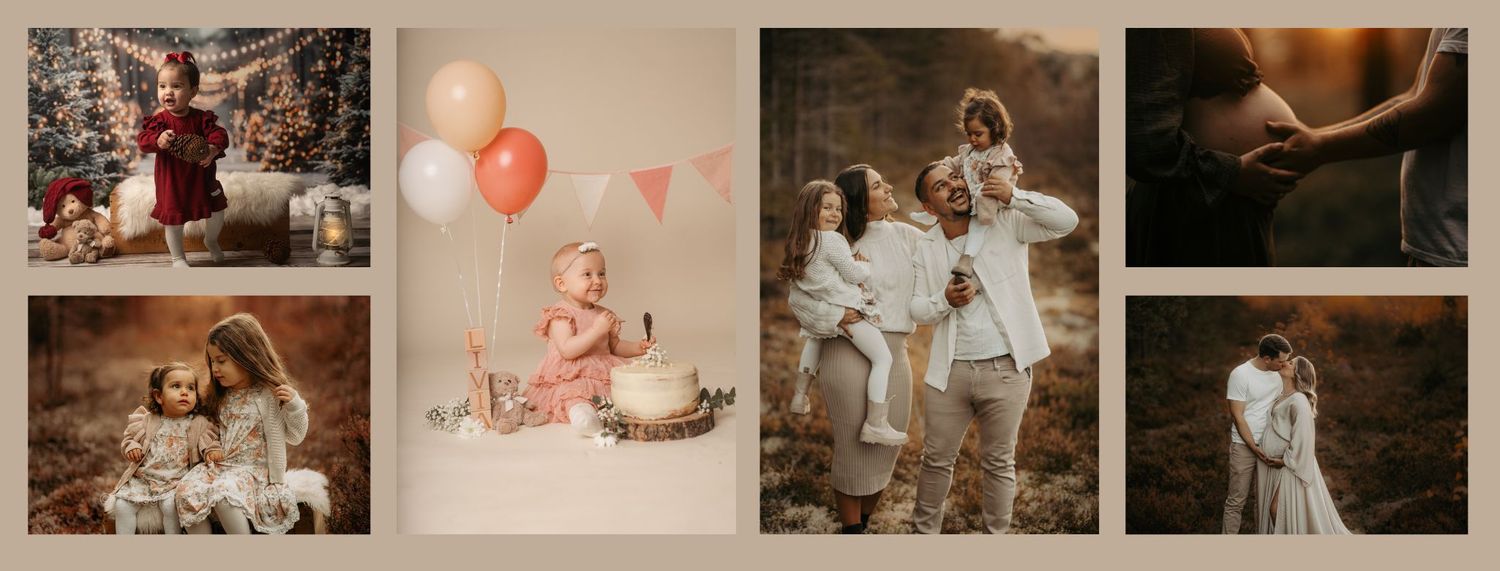 A collection of family photos displayed in a warm-toned collage with balloons and outdoor settings.