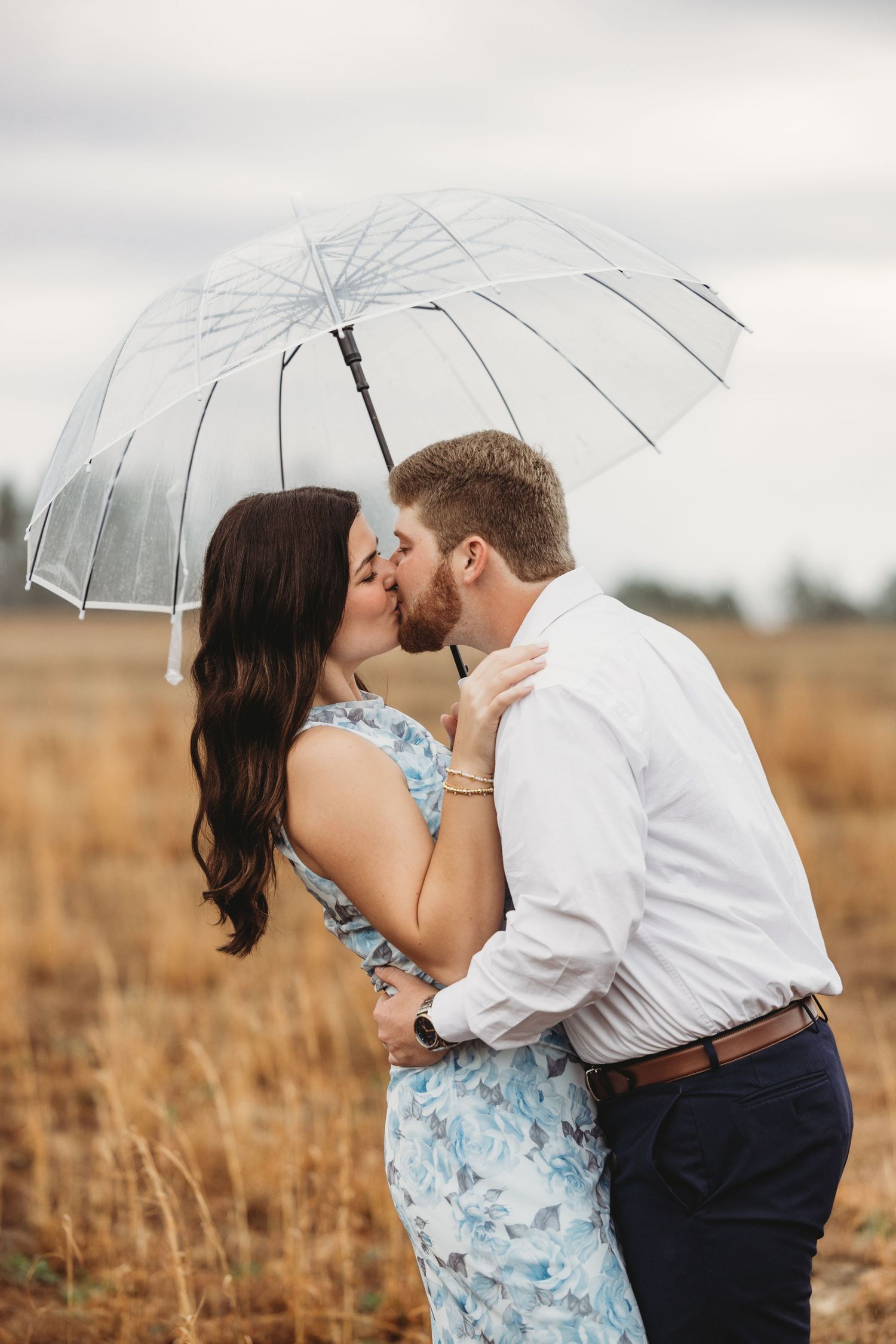 Couple sharing a romantic kiss under a clear umbrella in a golden field on a cloudy day.