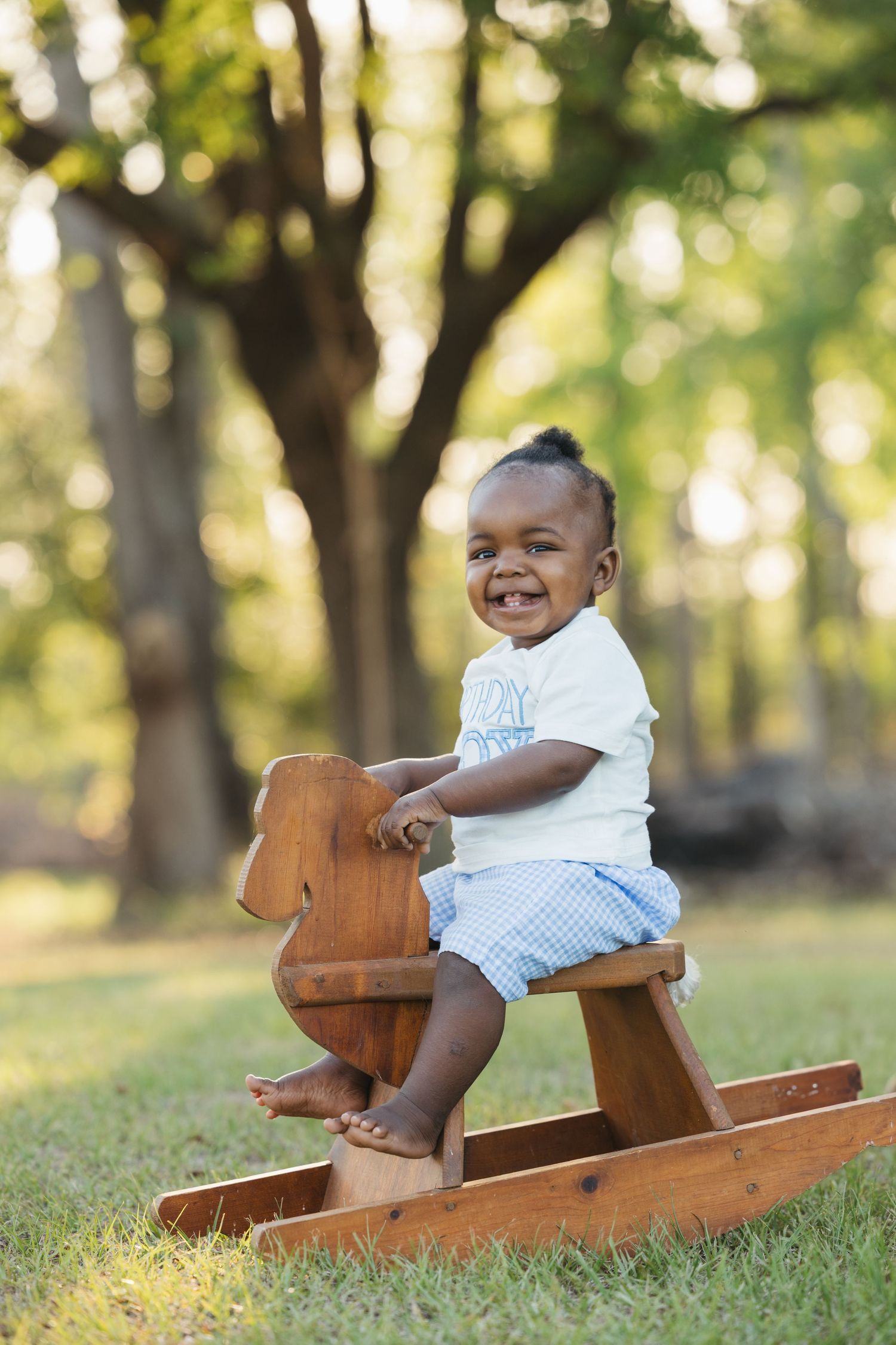 Toddler smiling while playing on a wooden rocking horse in a sunny park setting.