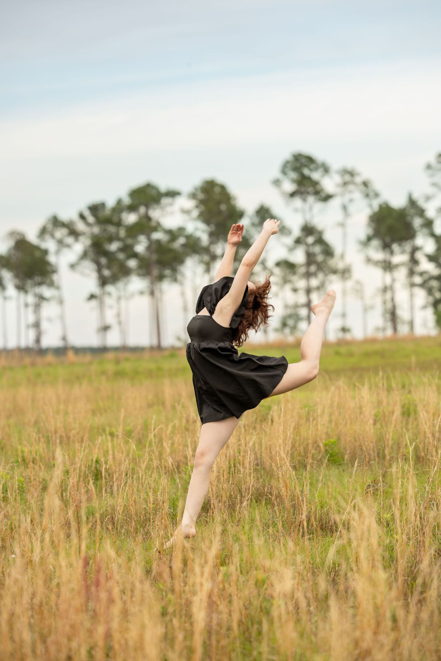 A graceful dancer leaps in a black dress among tall grass, arms raised, one leg extended, with pine trees in the background.