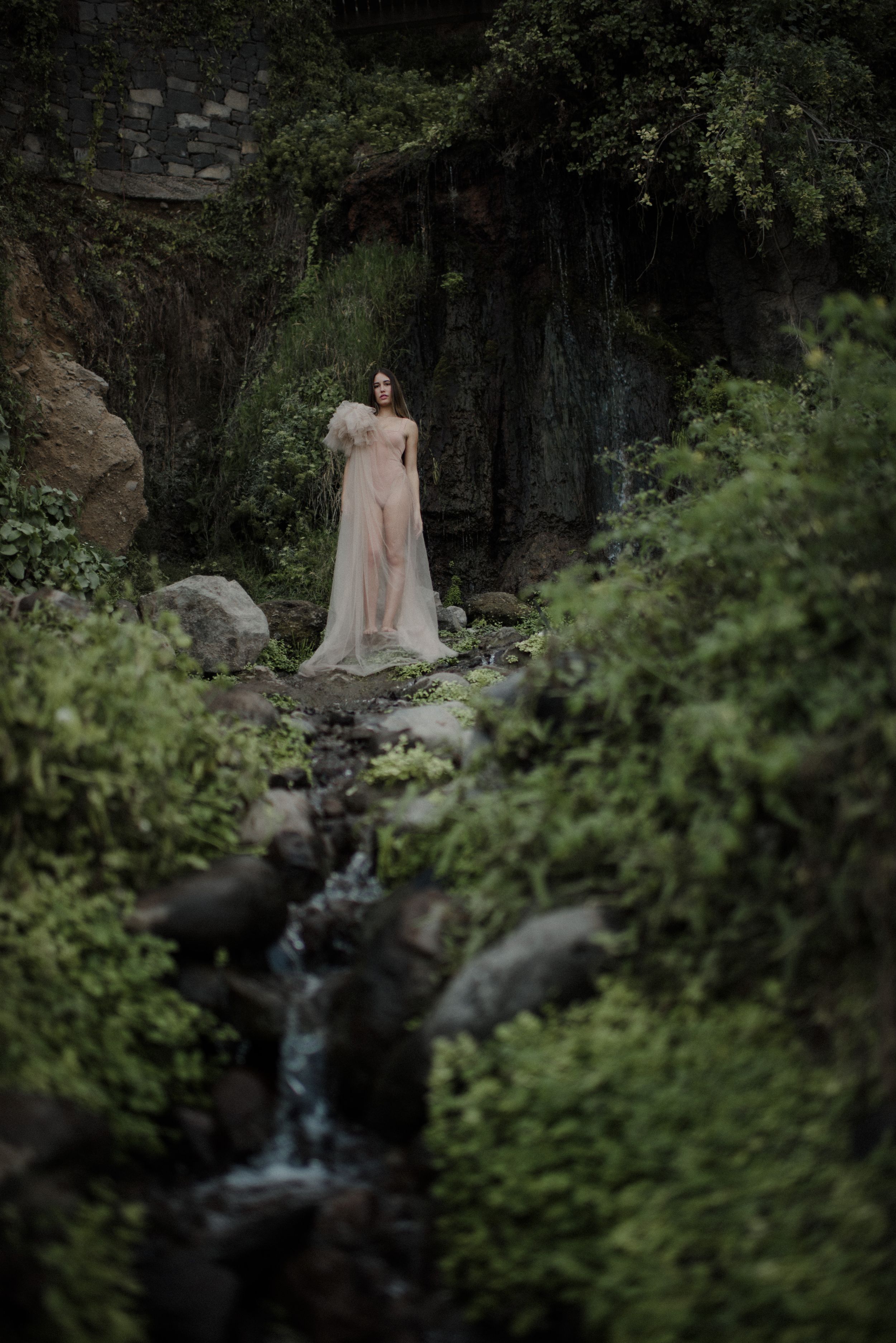 A misty forest scene with a small waterfall cascading over mossy rocks surrounded by lush greenery.