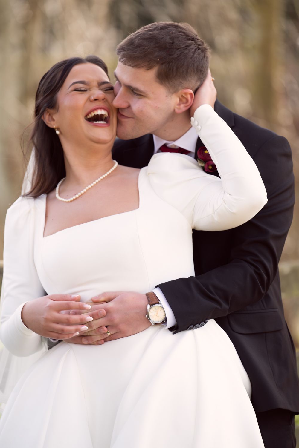 A romantic sequence of wedding photos showing a couple embracing and laughing together outdoors in winter attire.