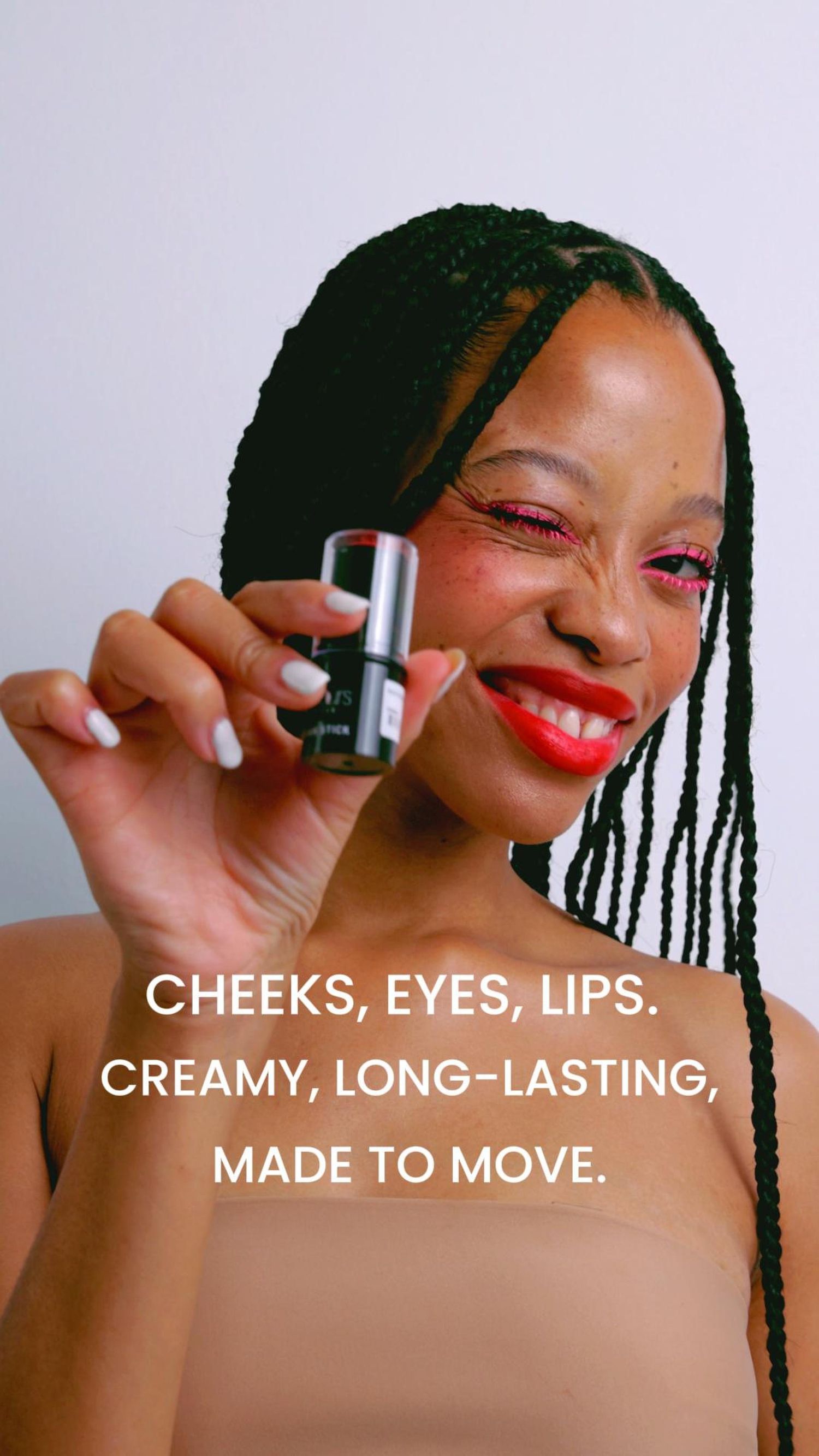 Beauty product advertisement showing makeup application with text overlays about cheeks, eyes and lips.