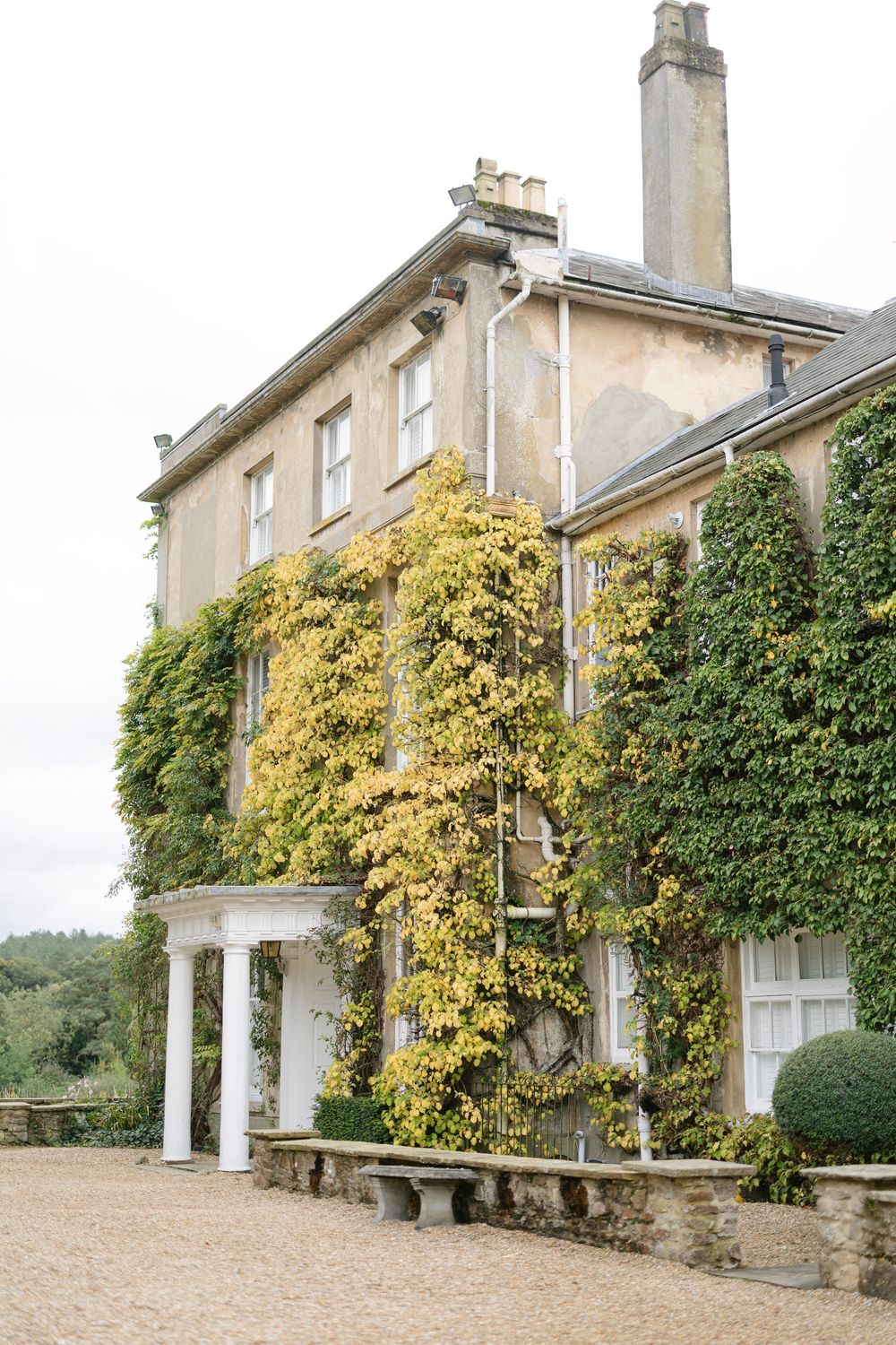 A grand country house exterior with climbing vines and yellow foliage adorning its classical stone facade.