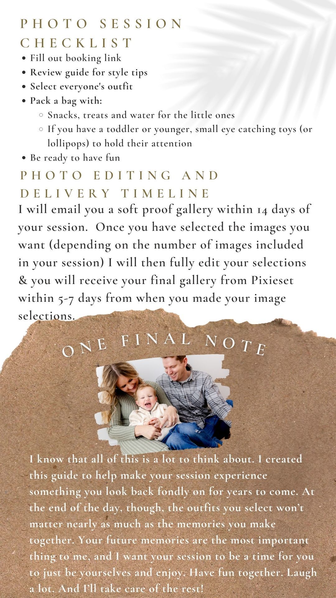 A soft beige and blush pink photography session checklist and timeline document with elegant text layout.